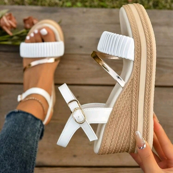 Shoes - Women's Gold Woven Strap With Rhinestone Embellishment Wedge Platform Sandals
